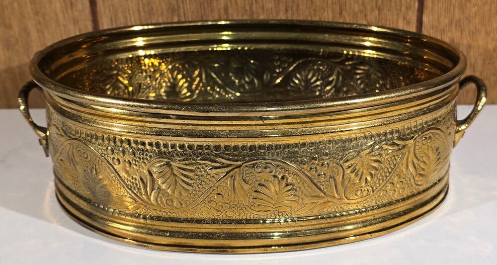 Vintage Oval Brass Jardiniere Planter Embossed Floral Ring Handles 9 Inch